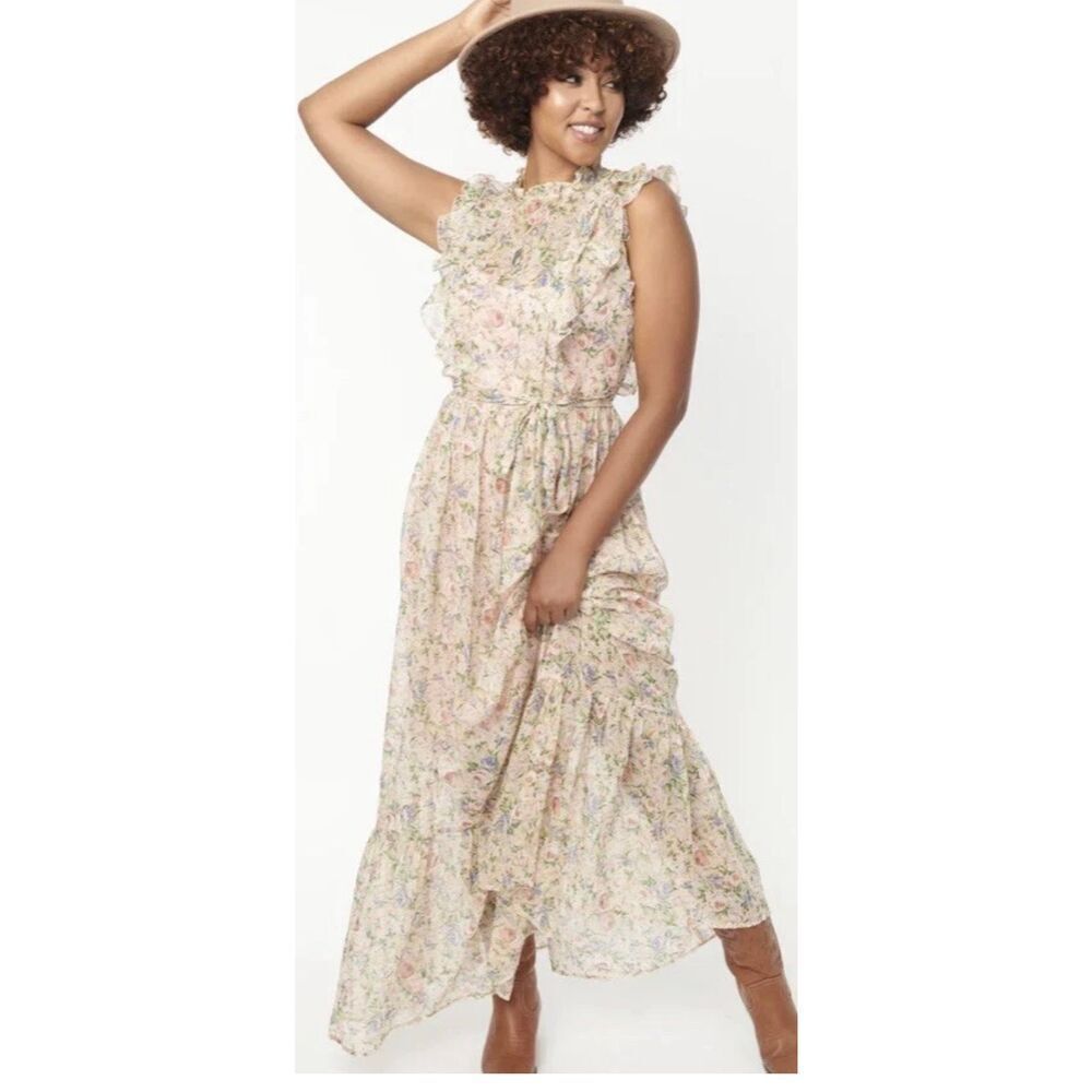 Unique Vintage Beauty Queen Maxi Dress Pastel Floral Ruffled Trim Sz M Romantic